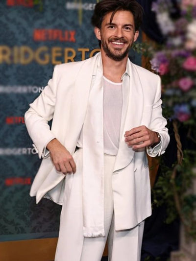 Bridgerton Premiere Jonathan Bailey White Suit 3   - from alligatorwarehouse.com