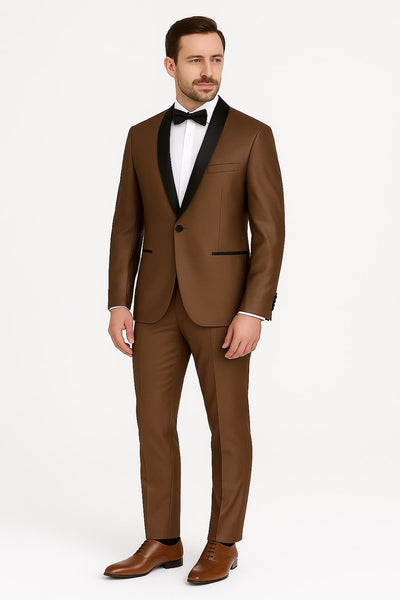 Mens Bronze Satin Shawl Lapel Tuxedo Suit – Light Brown Coffee Color 1   - from alligatorwarehouse.com