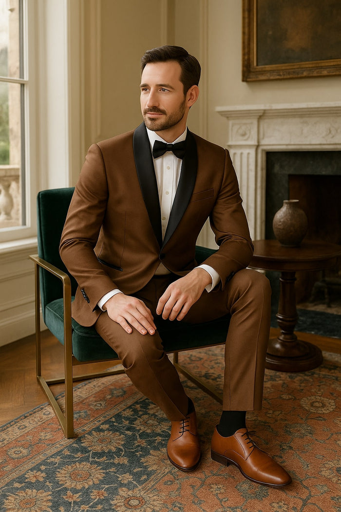 Mens Bronze Satin Shawl Lapel Tuxedo Suit – Light Brown Coffee Color