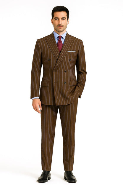 Mens Brown Pinstripe Double-Breasted Suit – Classic 6-Button Business and Vintage Style