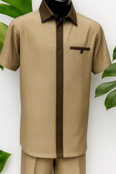 Mens Brown Tan Houndstooth Short Sleeve Walking Suit 1   - from alligatorwarehouse.com