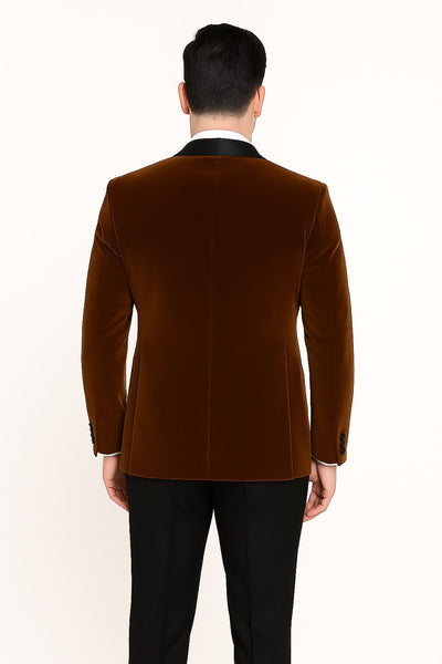 Mens Brown Velvet Tuxedo with Black Satin Shawl Lapel – One Button Formal Suit Jacket 3   - from alligatorwarehouse.com