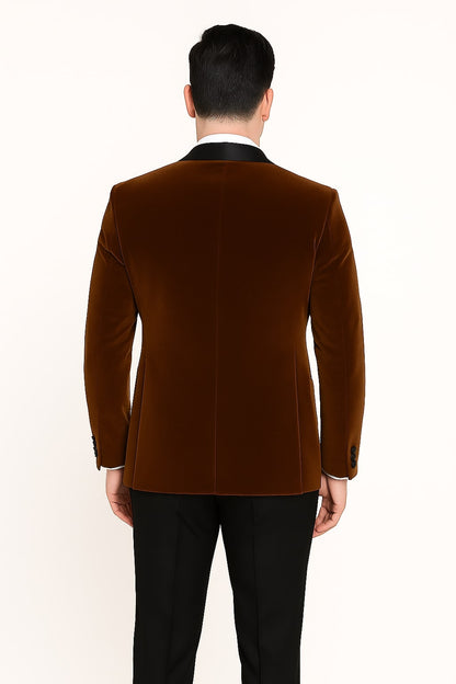 Mens Brown Velvet Tuxedo with Black Satin Shawl Lapel – One Button Formal Suit Jacket