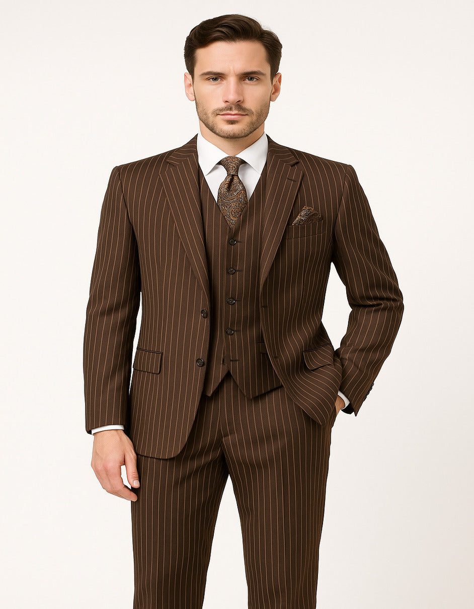 Men's Brown Pinstripe 3-Piece Suit with Matching Vest ƒ?? Classic Fit Business and Formal Attire