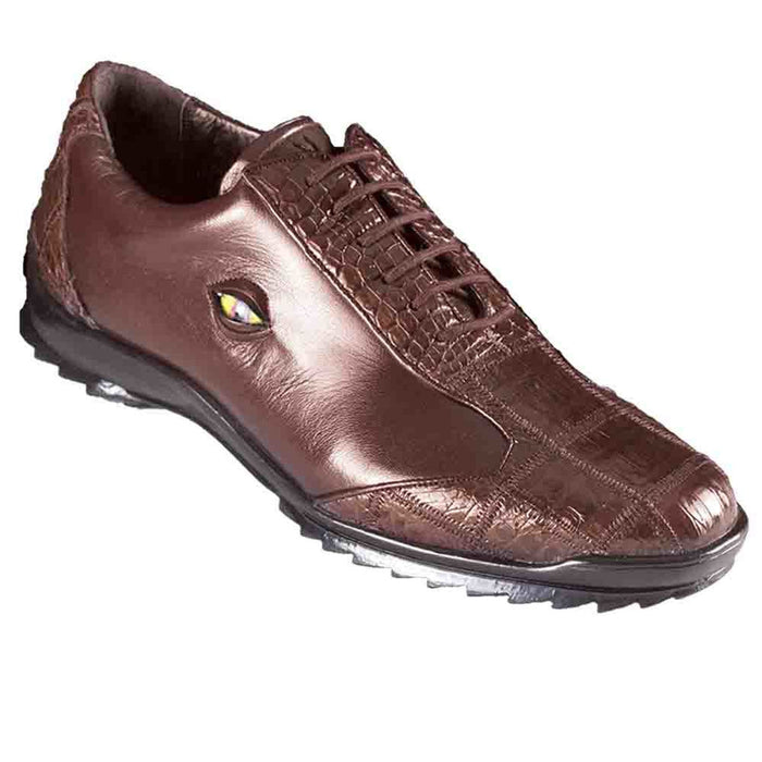 Men’s Los Altos Brown Caiman Crocodile Patchwork Casual Shoes, Exotic Leather Lace-Up Shoes