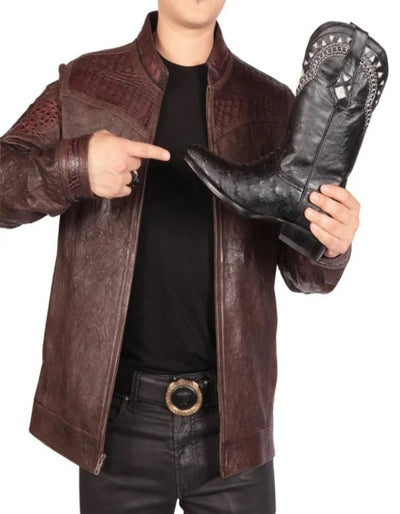 Fine Leather Brown Jacket with Crocodile Applications 1   - from alligatorwarehouse.com