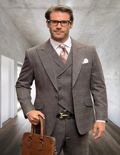 Men's Designer Wool Peak Lapel Brown Windowpane Plaid Suit 1   - from alligatorwarehouse.com