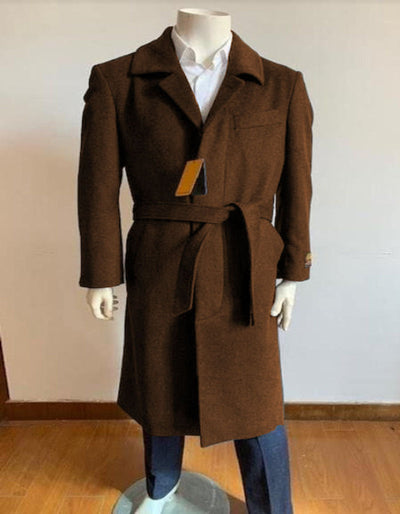 Mens Solid Brown 100% Wool Gabardine Belted Duster Overcoat 1   - from alligatorwarehouse.com