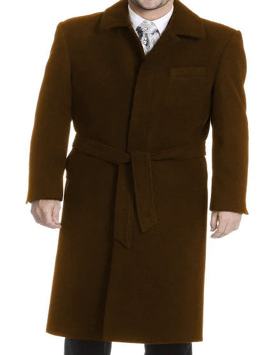 Mens Solid Brown 100% Wool Gabardine Belted Duster Overcoat 5   - from alligatorwarehouse.com