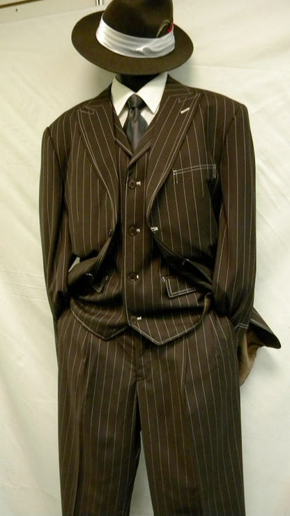 Mens Brown Pinstripe Zoot Suit – 1920s Gangster Vintage 3-Piece Suit with Wide-Leg Pants and Fedora Look - Three Buttons