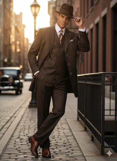 Men’s Brown Pinstripe 3-Piece Suit – Classic Wide Lapel Zoot Suit Classic Fit Pleated Pants 3   - from alligatorwarehouse.com