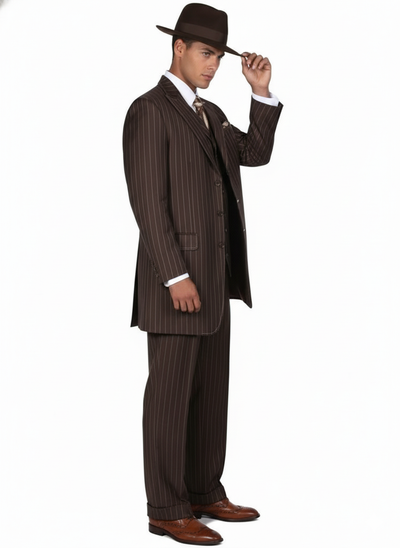 Men’s Brown Pinstripe 3-Piece Suit – Classic Wide Lapel Zoot Suit Classic Fit Pleated Pants 5   - from alligatorwarehouse.com