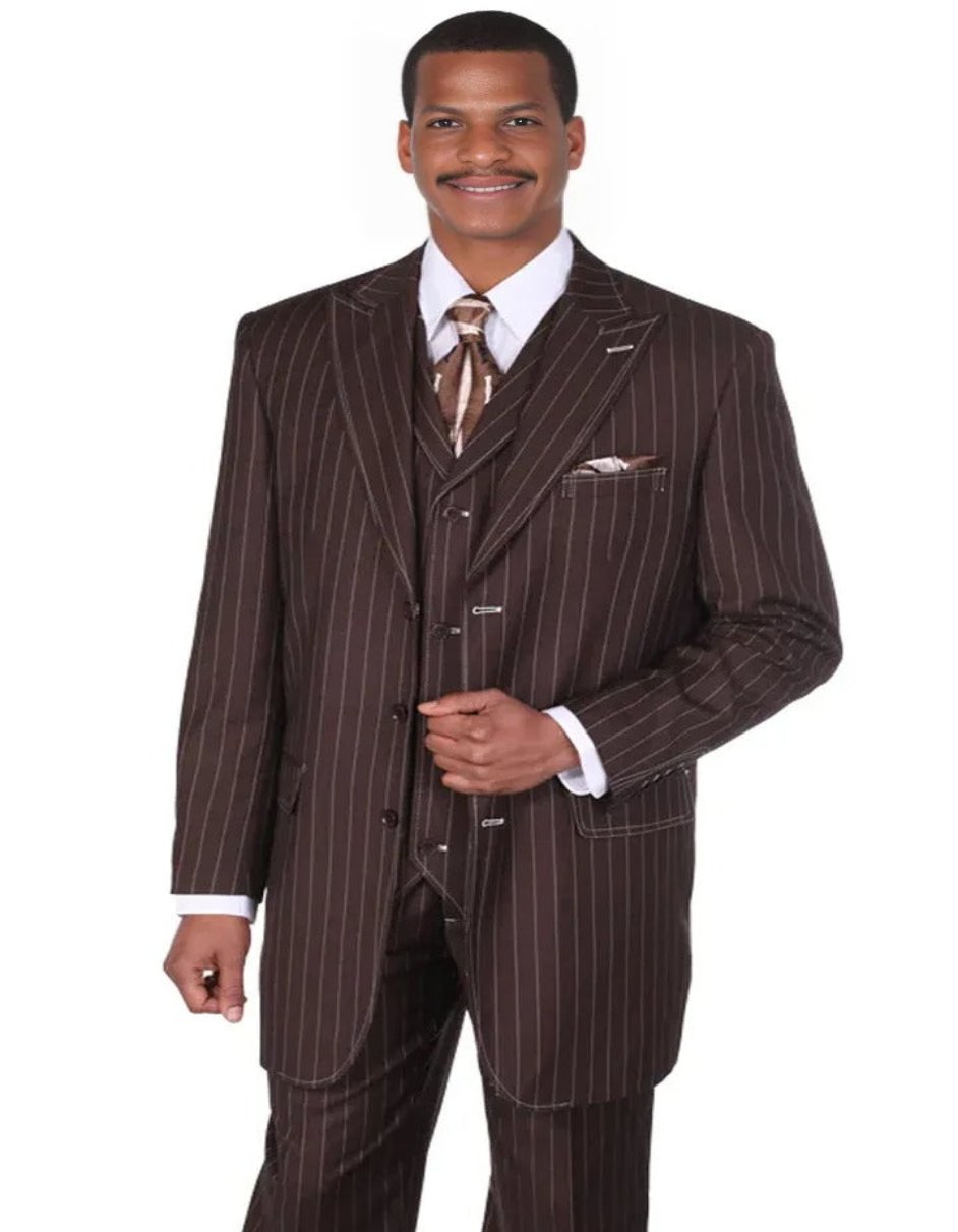 Pleated?ÿDress?ÿMen?ÿSuits - Mens Vintage Vested Gangster Bold Pinstripe Brown Fashion Suit