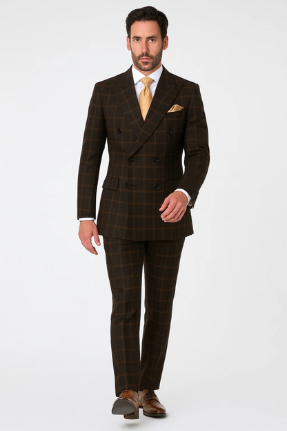 Men's Brown Plaid Double-Breasted Wool Suits Classic Windowpane Two-Piece Formal Suits By Rossiman