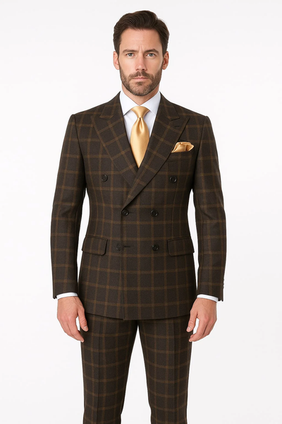 Men's Brown Plaid Double-Breasted Wool Suits Classic Windowpane Two-Piece Formal Suits By Rossiman 2   - from alligatorwarehouse.com