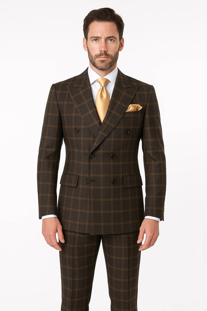 Men's Brown Plaid Double-Breasted Wool Suits Classic Windowpane Two-Piece Formal Suits By Rossiman