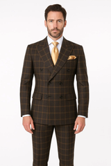 Men's Brown Plaid Double-Breasted Wool Suits Classic Windowpane Two-Piece Formal Suits By Rossiman
