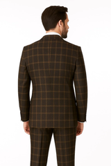 Men's Brown Plaid Double-Breasted Wool Suits Classic Windowpane Two-Piece Formal Suits By Rossiman