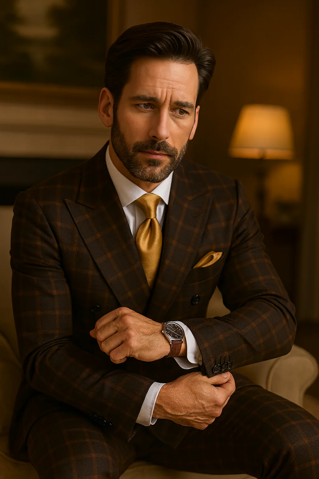 Men's Brown Plaid Double-Breasted Wool Suits Classic Windowpane Two-Piece Formal Suits By Rossiman