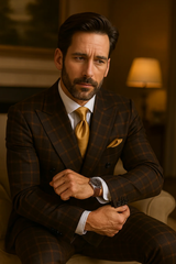 Men's Brown Plaid Double-Breasted Wool Suits Classic Windowpane Two-Piece Formal Suits By Rossiman