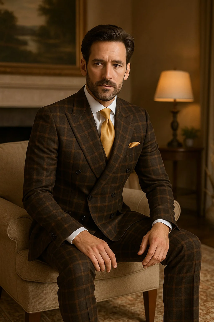 Men's Brown Plaid Double-Breasted Wool Suits Classic Windowpane Two-Piece Formal Suits By Rossiman
