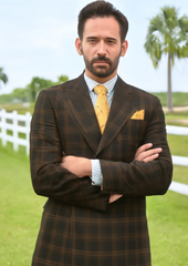 Men's Brown Plaid Double-Breasted Wool Suits Classic Windowpane Two-Piece Formal Suits By Rossiman