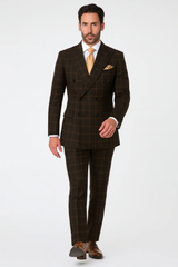 Men's Brown Plaid Double-Breasted Wool Suits Classic Windowpane Two-Piece Formal Suits By Rossiman