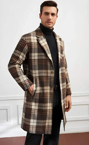 Men Plaid Lapel Neck Slant Pockets Overcoat Charcoal Gray