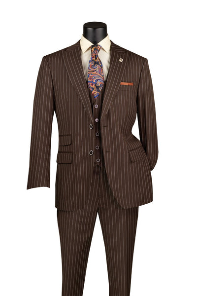 Odyssey Collection - Brown Regular Fit 3 Piece Suit 2 Button Gangster Stripe 1 SO1V2RS-9_BROWN_42R  - from alligatorwarehouse.com
