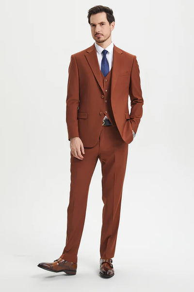 Men’s Orangish Rust Brown Three-Piece Suit –   Slim Fit Jacket, Vest and Tailored Pants in Brick Color 3   - from alligatorwarehouse.com