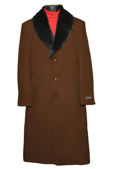 Brown Fur Collar 3 Button Wool Ankle length Overcoat ~ Long men's Dress Topcoat - Winter coat 1   - from alligatorwarehouse.com
