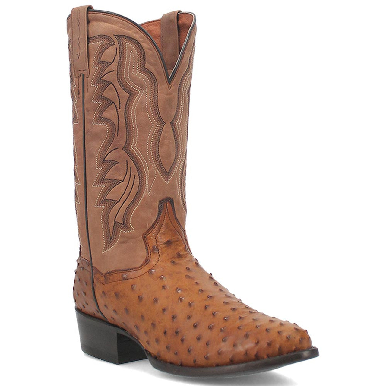 Dan Post Men’s Saddle Brown and Chocolate Tempe Full Quill Ostrich 12” Round Toe Leather Boot