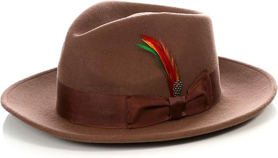 Gangster 100% Australian Wool Crushable Mens Fedora Hat - Removable Feather Gangster Brown Mens Fedora Hat