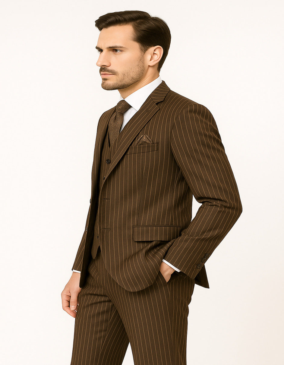 Men's Brown Pinstripe 3-Piece Suit with Matching Vest ƒ?? Classic Fit Business and Formal Attire