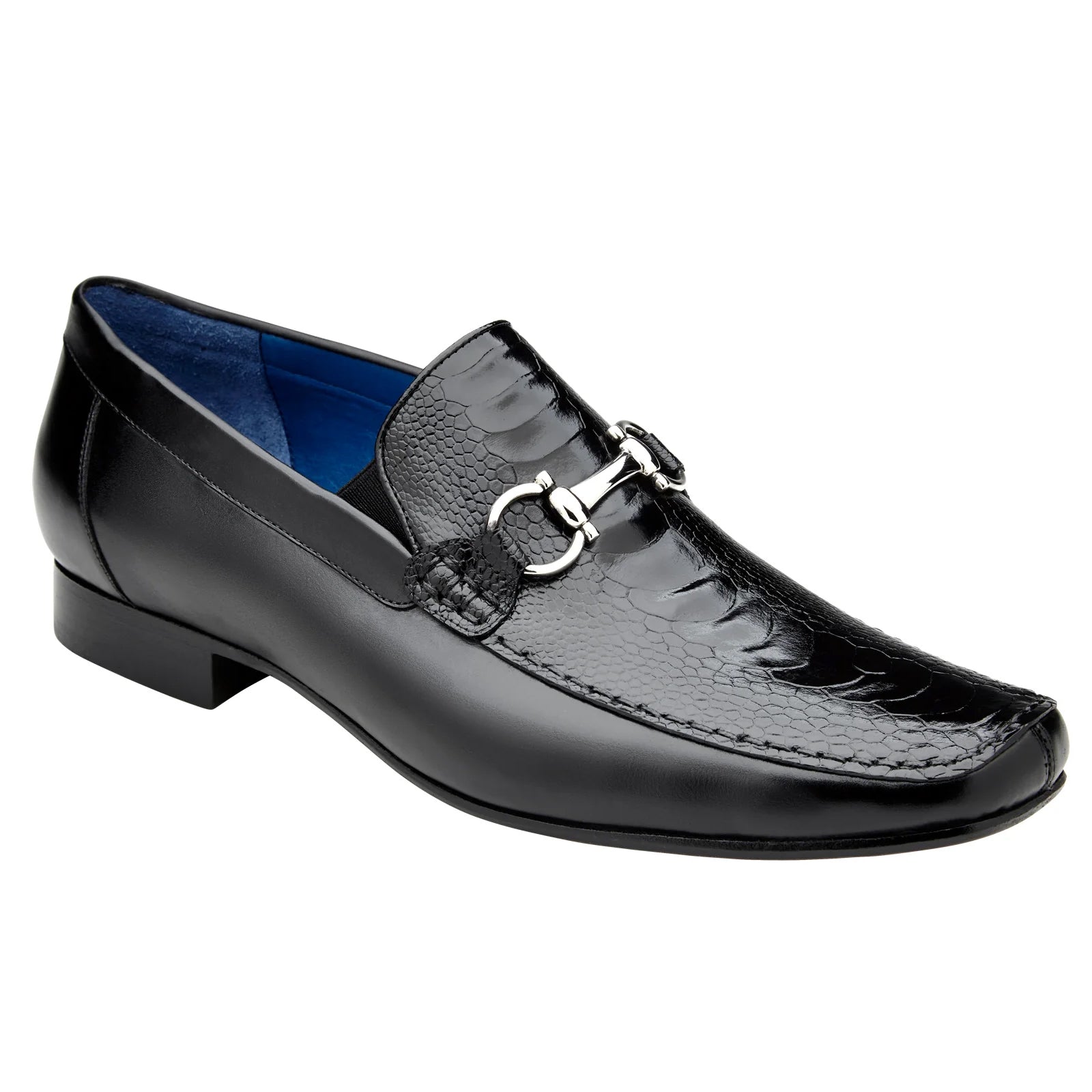 Men's Belvedere Bruno Calfskin & Ostrich Leg Buckle Loafer in Black