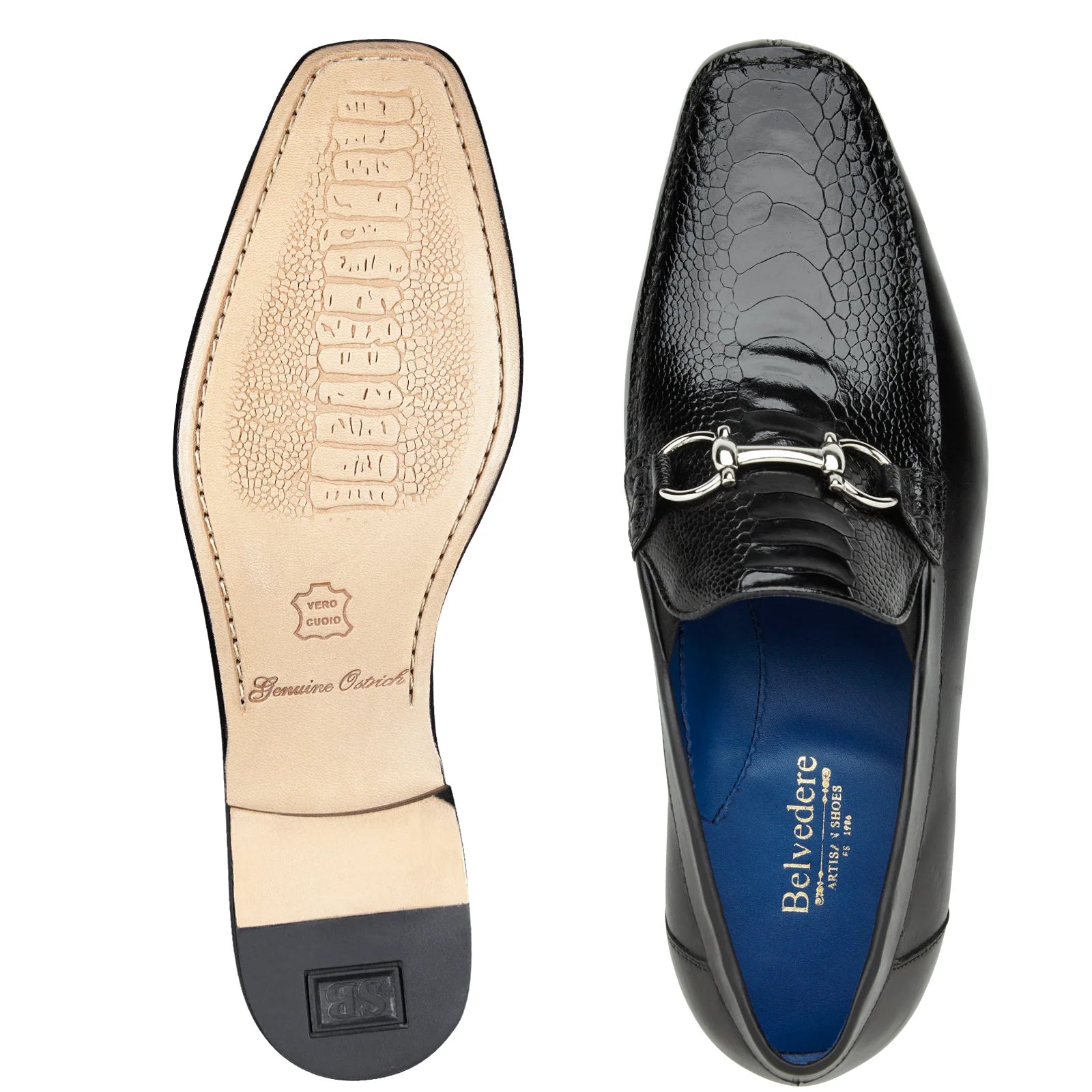 Men's Belvedere Bruno Calfskin & Ostrich Leg Buckle Loafer in Black 5 MEN 1026 BLACK-M-08  - from alligatorwarehouse.com