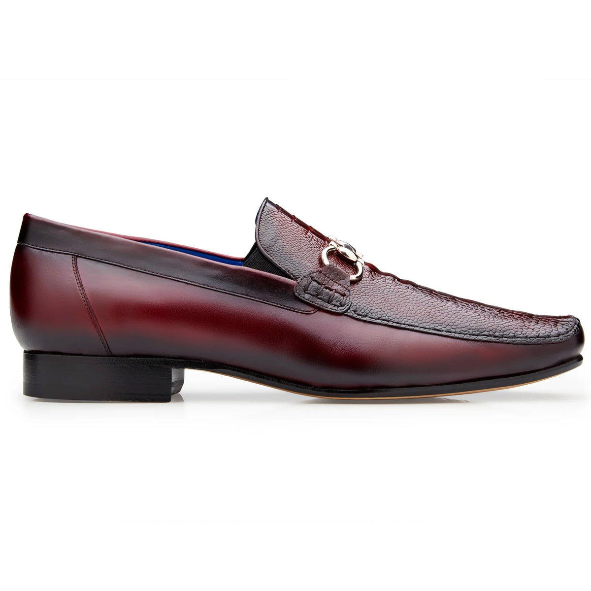 Men's Belvedere Bruno Calfskin & Ostrich Leg Buckle Loafer in Burgundy