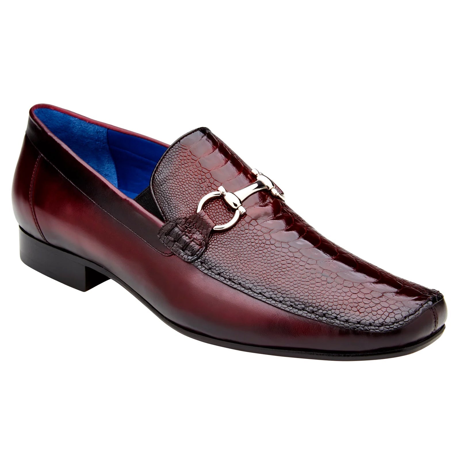 Men's Belvedere Bruno Calfskin & Ostrich Leg Buckle Loafer in Burgundy