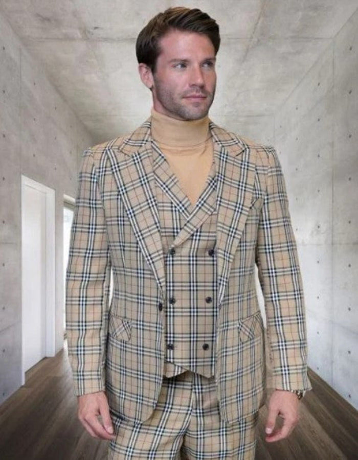 Burberry Pattern Suit - Mens Church Suit with Mixture of Black and Red Checkered Window Pane Fabric Suit in Tan Color