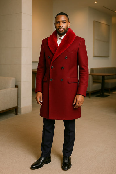 Mens Double-Breasted Burgundy Overcoat with Red Faux Fur Shawl Collar – Alberto Nardoni Winter Coat 3   - from alligatorwarehouse.com