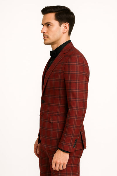 Mens Burgundy Plaid Three-Piece Suit – Ultra Slim Fit Checkered Windowpane Redish 544-10 6   - from alligatorwarehouse.com