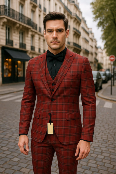 Mens Burgundy Plaid Three-Piece Suit – Ultra Slim Fit Checkered Windowpane Redish 544-10 5   - from alligatorwarehouse.com