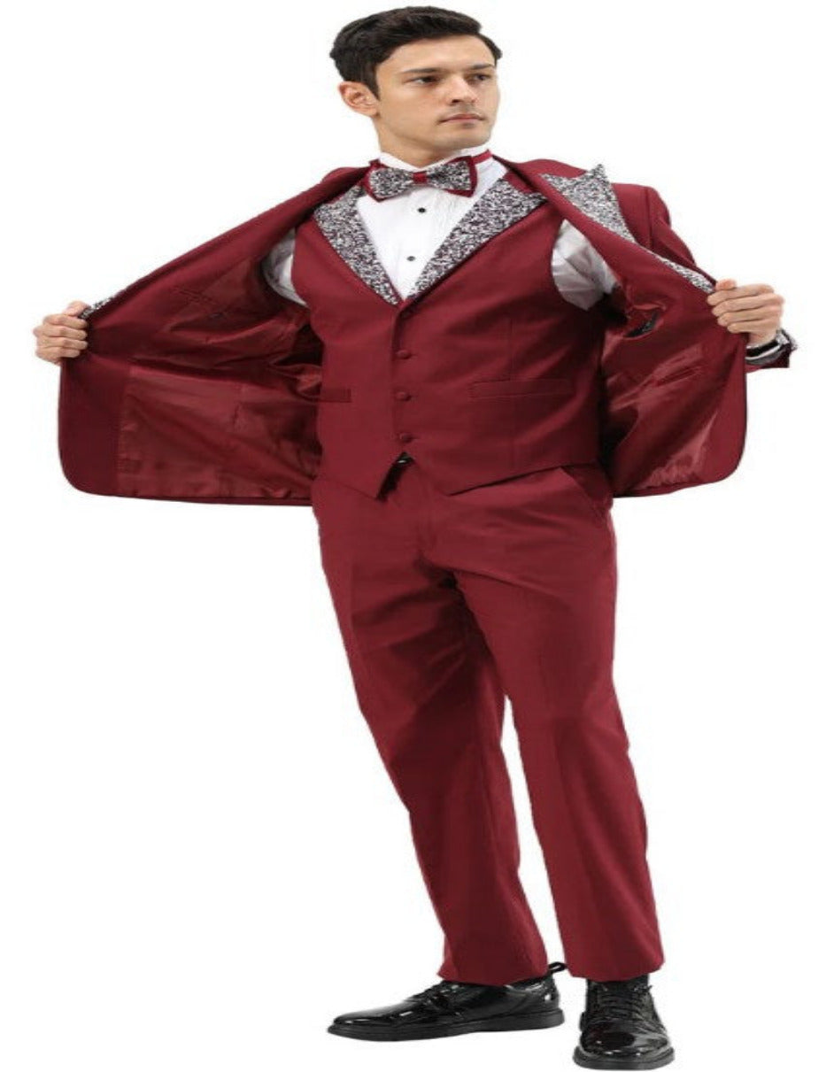Burgundy Prom Tuxedo - Perfect Wedding Suit Vested Rhinestone Lapelled