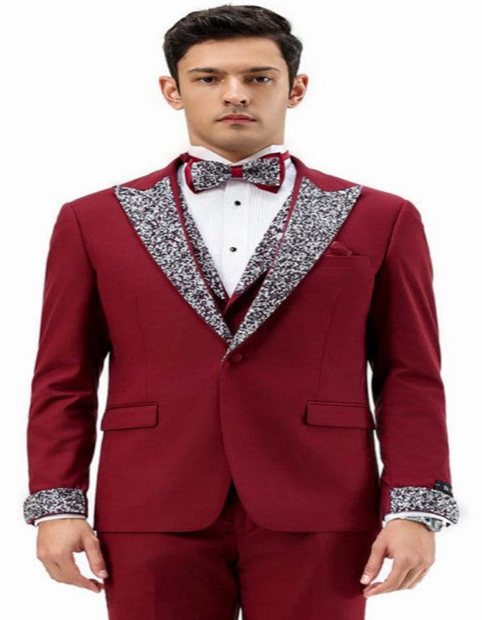 Burgundy Prom Tuxedo - Perfect Wedding Suit Vested Rhinestone sequin Lapelled