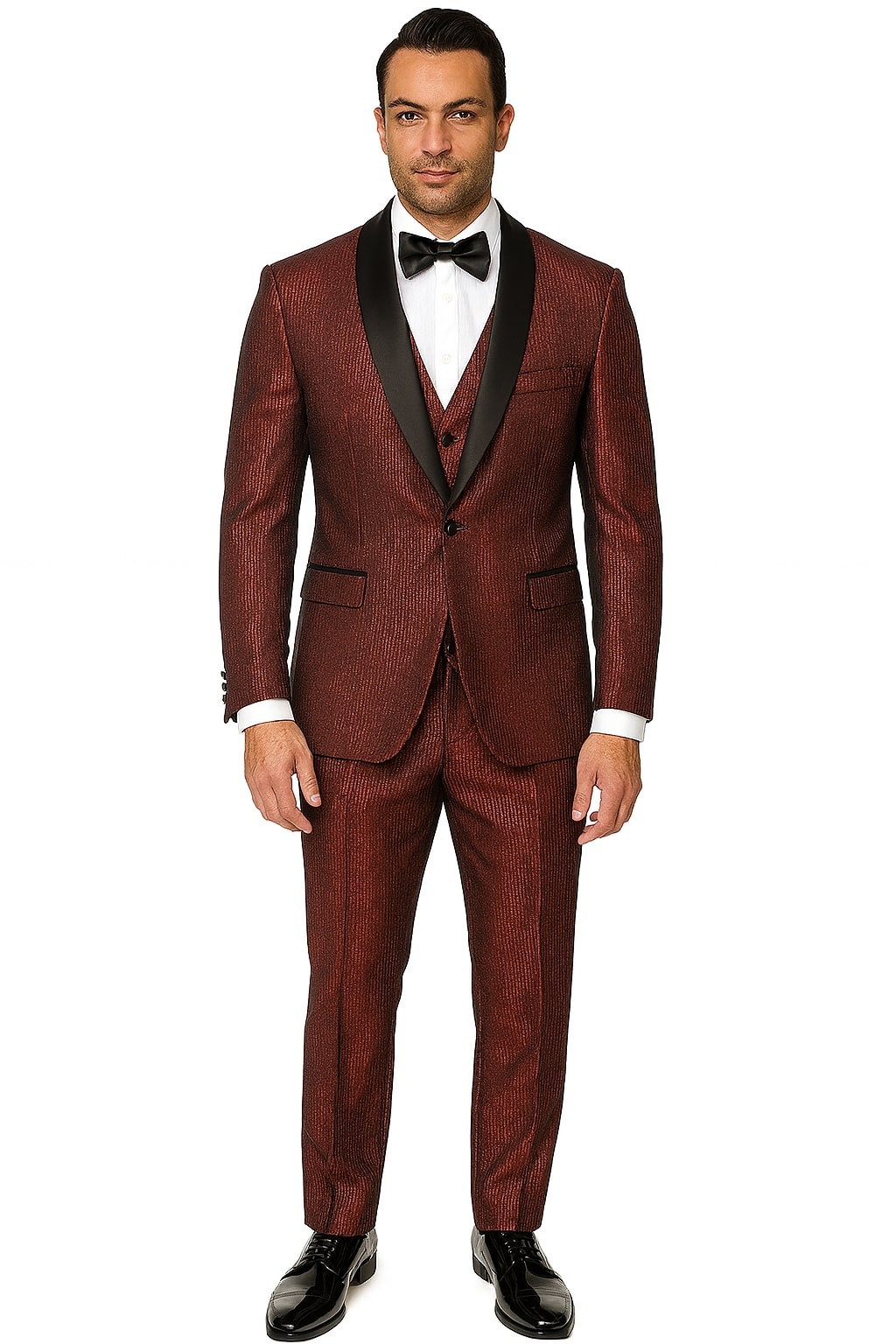Mens Burgundy Shiny Stripe Tuxedo Jacket – Slim Fit Satin Lapel Dinner Blazer for Formal Events
