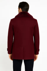 Mens Burgundy Double-Breasted Overcoat with Faux Fur Shawl Collar – Slim Fit Peacoat - Alberto Nardoni Signature