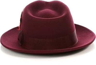 Gangster 100% Austrailian Wool Crushable Mens Fedora Hat - Removable Feather Gangster  Burgundy Mens Fedora Hat 3   - from alligatorwarehouse.com