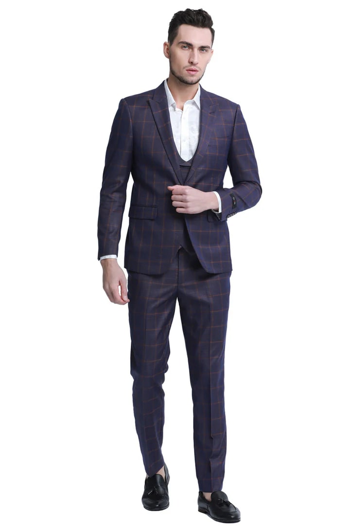 Cheap Suit - Men's One Button Fit Double Breasted Vest  Burgundy Plaid Suit