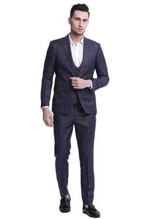 Cheap Suit - Men's One Button Fit Double Breasted Vest  Burgundy Plaid Suit