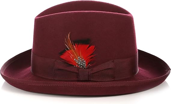 Gangster 100% Austrailian Wool Crushable Mens Fedora Hat - Removable Feather Gangster  Burgundy Mens Fedora Hat